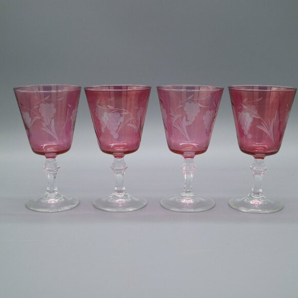Crystal Amethyst Cranberry 5" Wine Glasses Grapes Vine Pattern | Aperitif - Picture 1 of 6